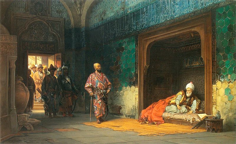Ottoman Sultan Bayazid I  imprisoned by Tamerlane after the Battle of Ankara, 1402, by Stanislaw cheblowski 1835-1884) painted in 1878,  Location TBD.